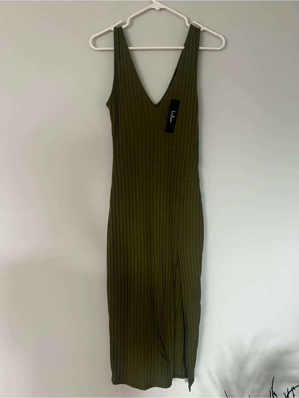 Lulus Ribbed V-Neck Olive Green Midi Dress